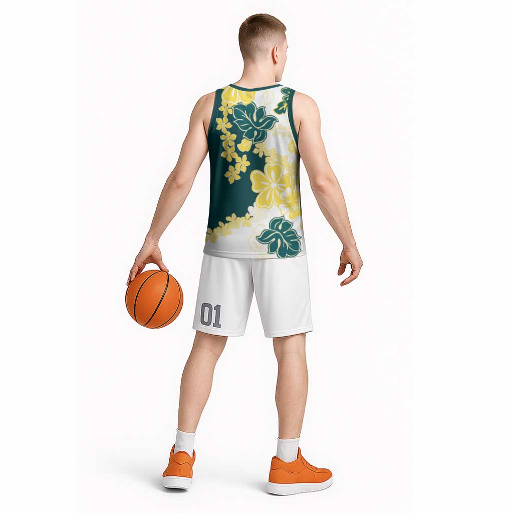 Yelow Teal Hibiscus Plumeria Floral Basketball Jersey LT01 - Polynesian Pride
