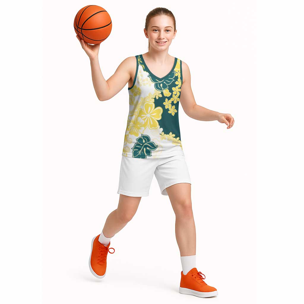 Yelow Teal Hibiscus Plumeria Floral Basketball Jersey LT01 - Polynesian Pride