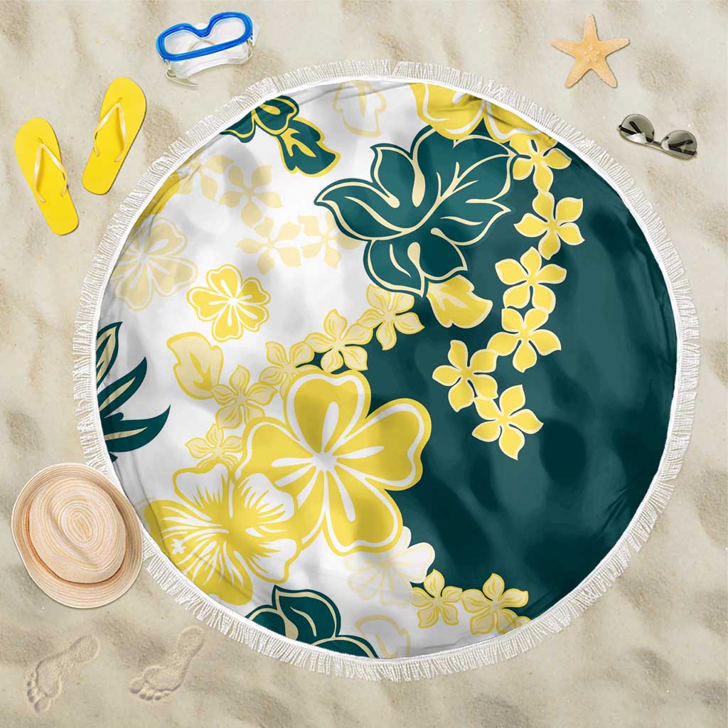 Yelow Teal Hibiscus Plumeria Floral Beach Blanket LT01 One Size 150cm Yellow - Polynesian Pride