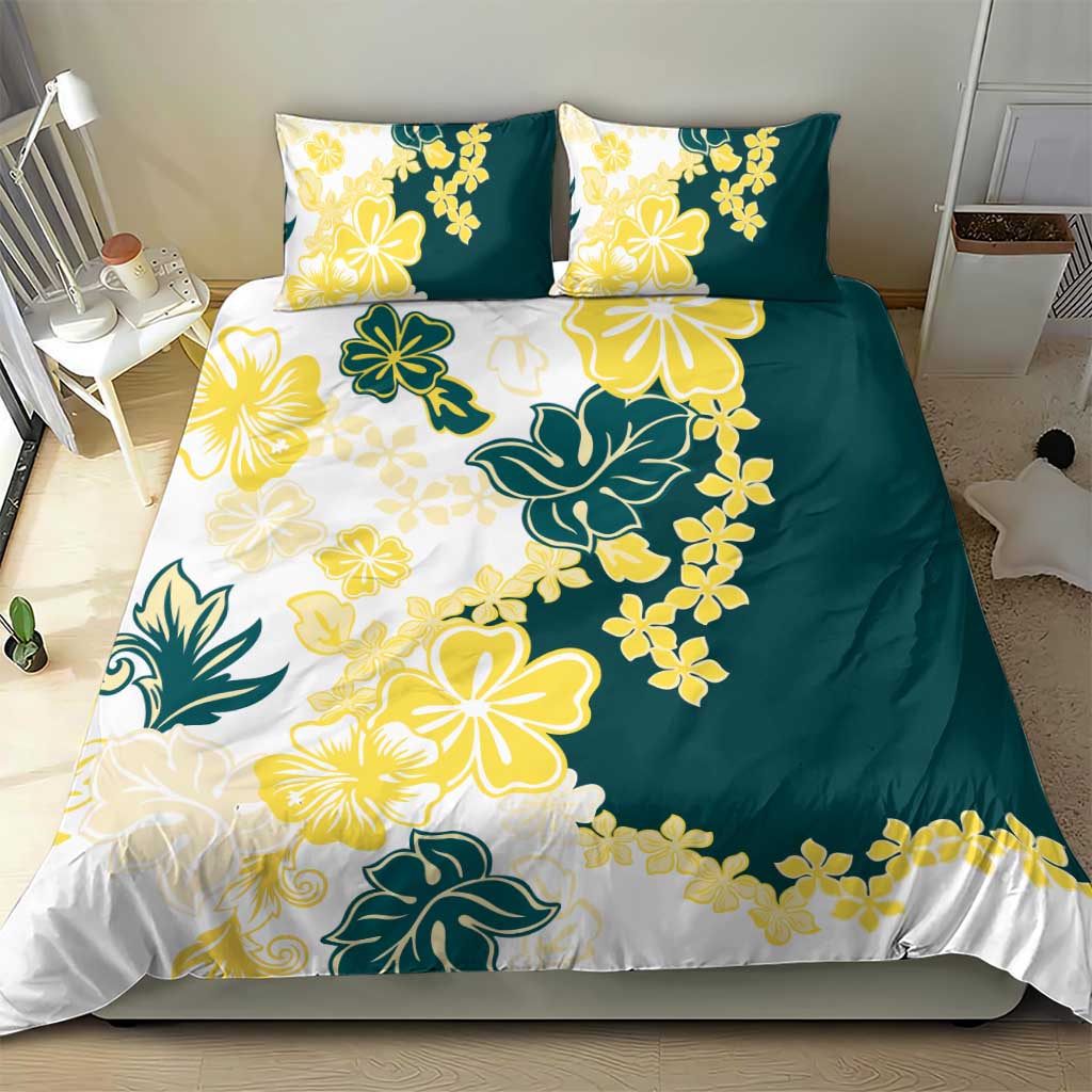 Yelow Teal Hibiscus Plumeria Floral Bedding Set - Polynesian Pride