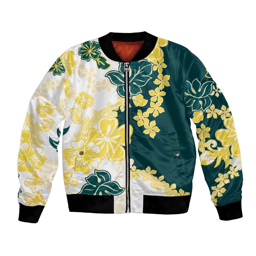 Yelow Teal Hibiscus Plumeria Floral Bomber Jacket - Polynesian Pride