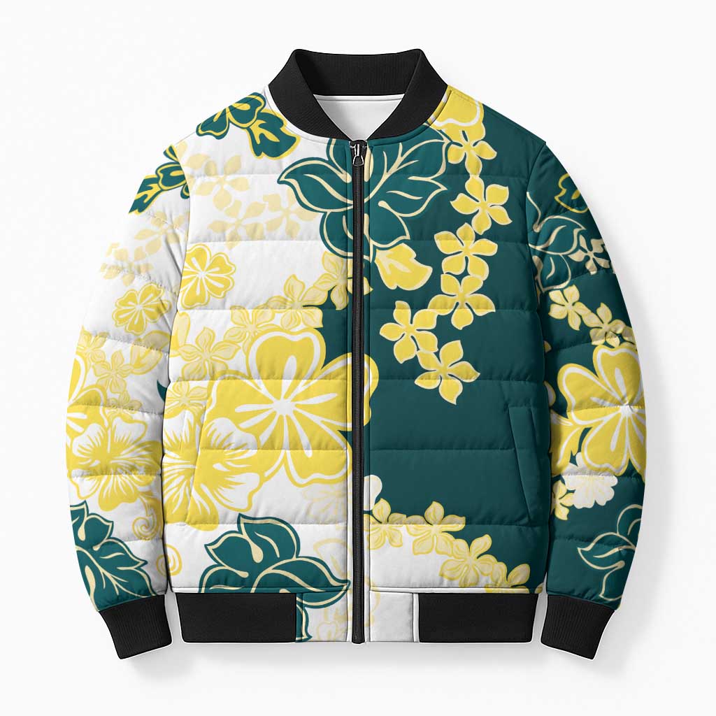 Yelow Teal Hibiscus Plumeria Floral Bomber Puffer Jacket LT01 Yellow - Polynesian Pride