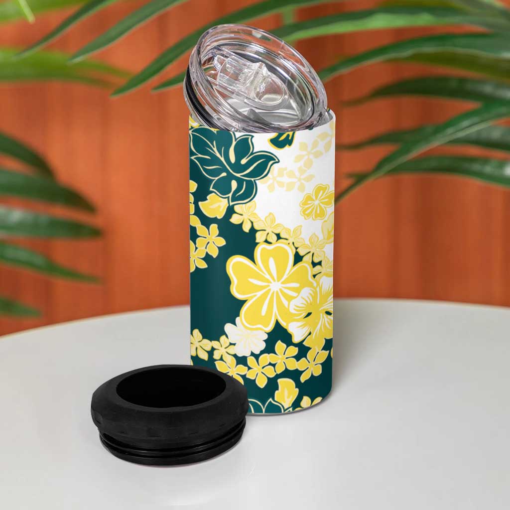 Yelow Teal Hibiscus Plumeria Floral 4 in 1 Can Cooler Tumbler LT01 - Polynesian Pride