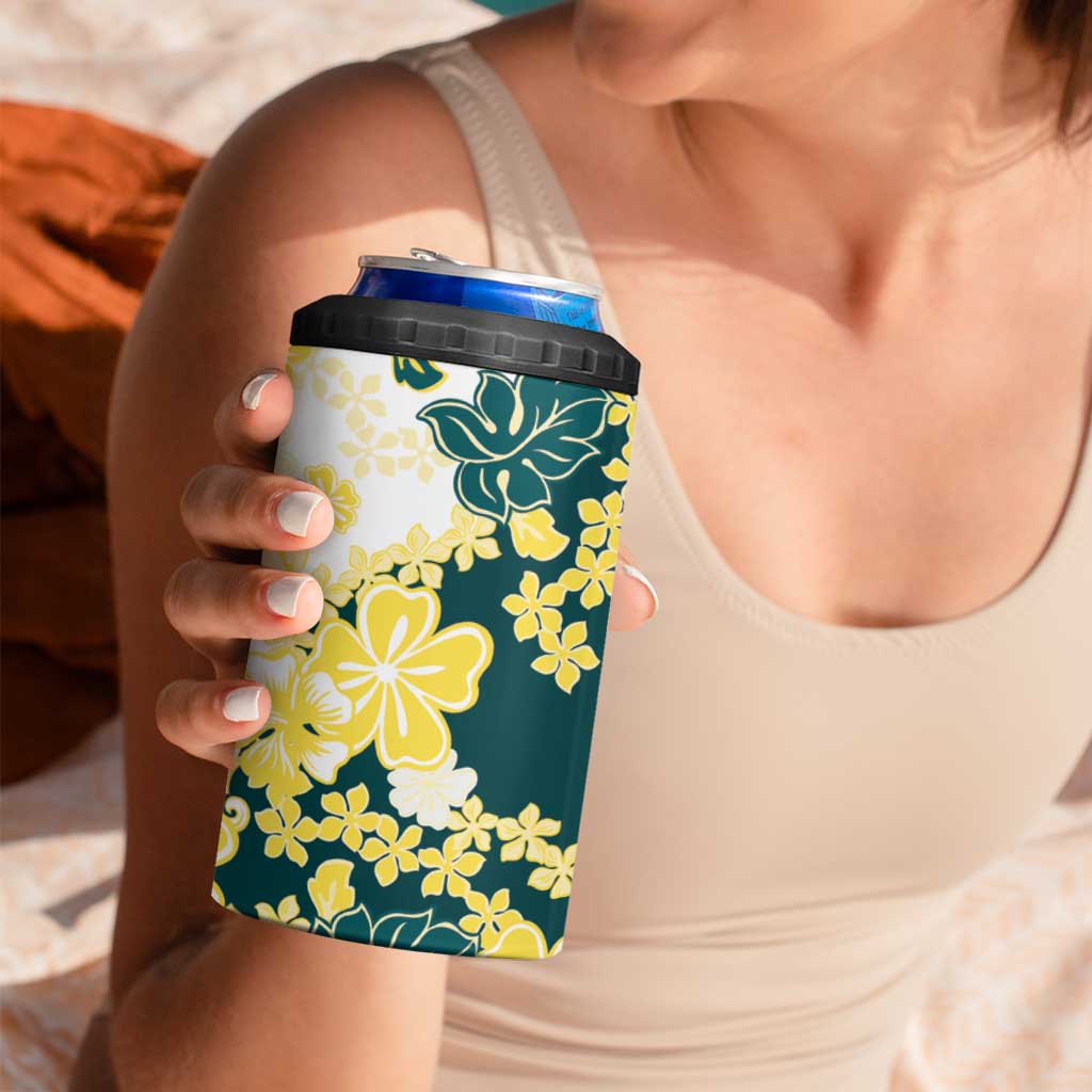 Yelow Teal Hibiscus Plumeria Floral 4 in 1 Can Cooler Tumbler LT01 - Polynesian Pride