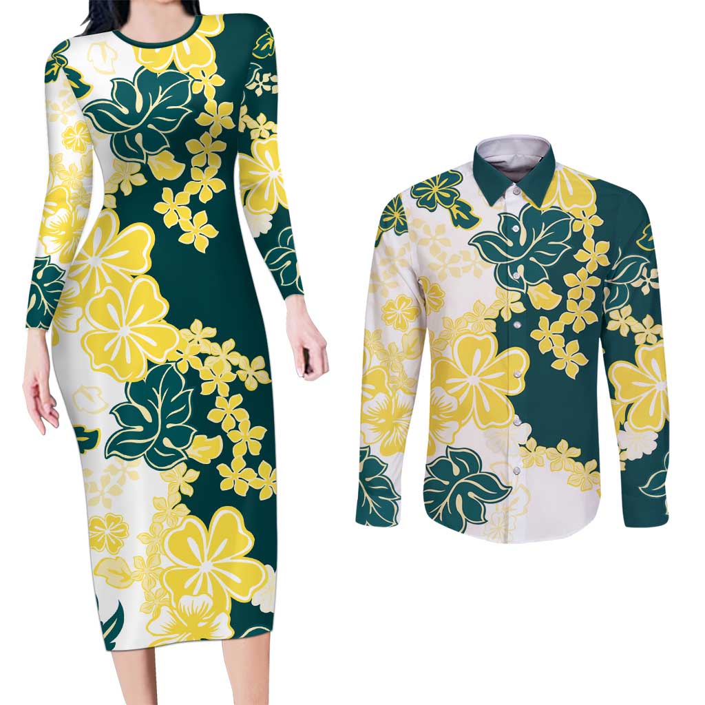Yelow Teal Hibiscus Plumeria Floral Couples Matching Long Sleeve Bodycon Dress and Long Sleeve Button Shirt LT01 Yellow - Polynesian Pride