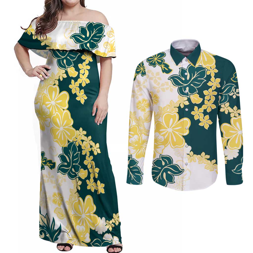 Yelow Teal Hibiscus Plumeria Floral Couples Matching Off Shoulder Maxi Dress and Long Sleeve Button Shirt LT01 Yellow - Polynesian Pride