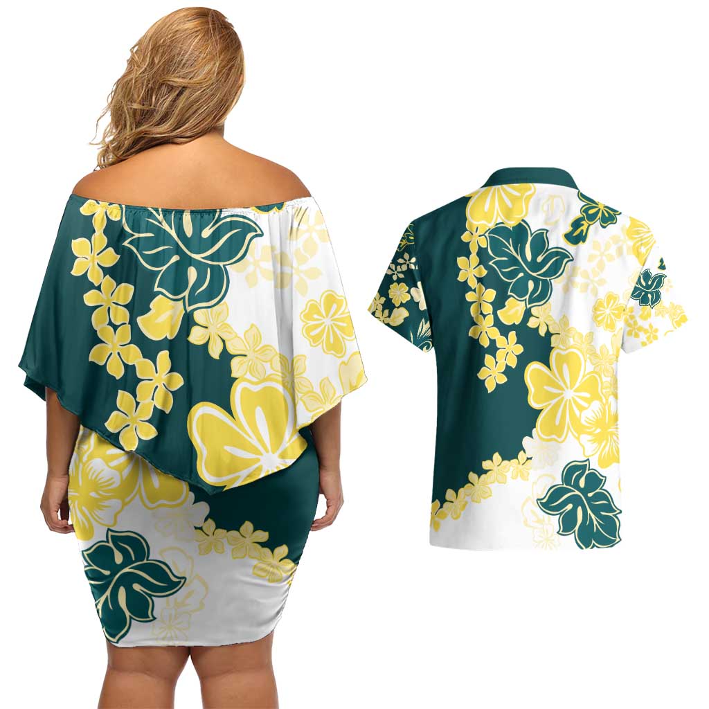 Yelow Teal Hibiscus Plumeria Floral Couples Matching Off Shoulder Short Dress and Hawaiian Shirt - Polynesian Pride