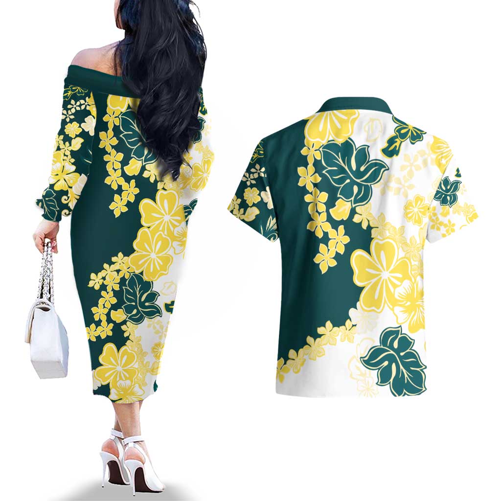 Yelow Teal Hibiscus Plumeria Floral Couples Matching Off The Shoulder Long Sleeve Dress and Hawaiian Shirt - Polynesian Pride