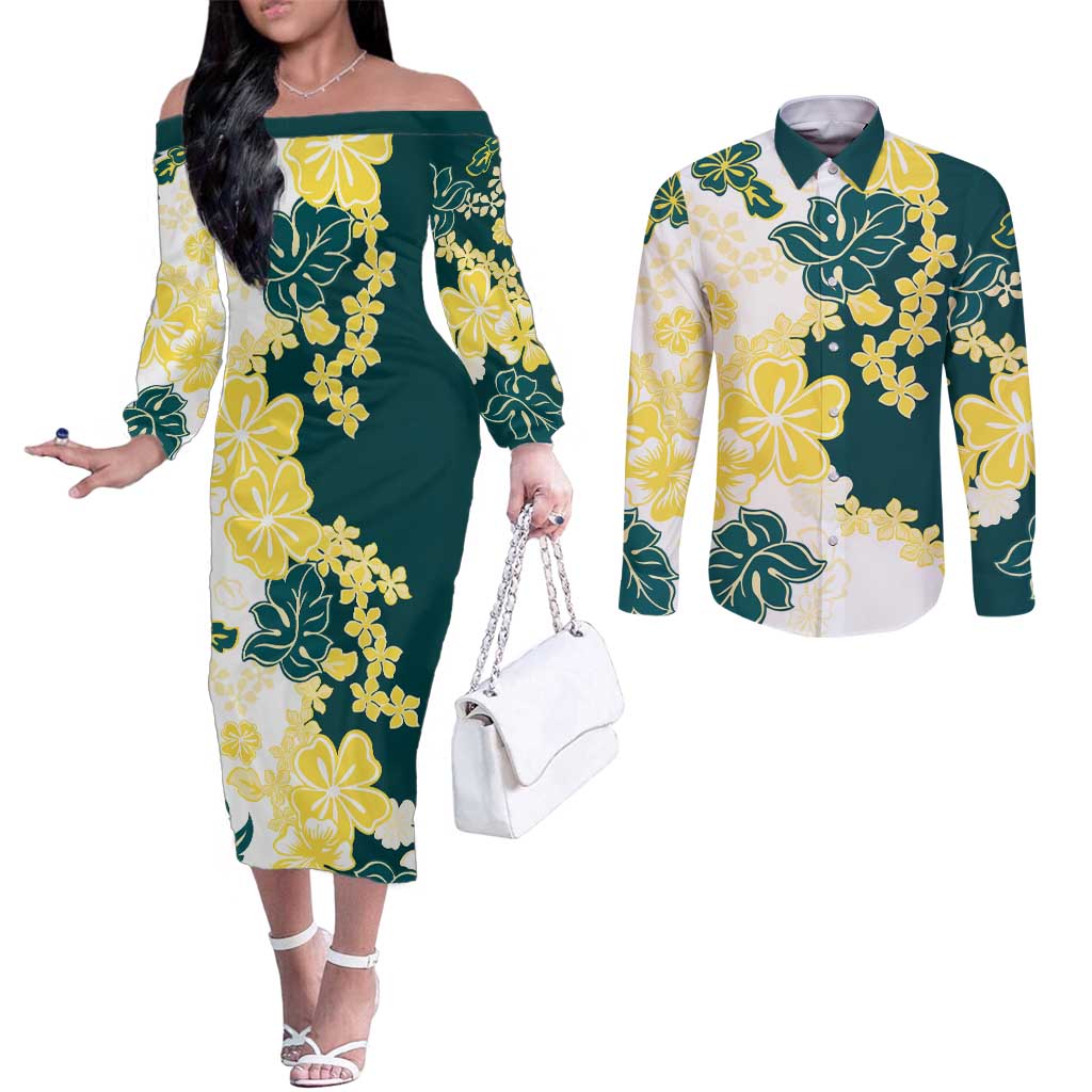 Yelow Teal Hibiscus Plumeria Floral Couples Matching Off The Shoulder Long Sleeve Dress and Long Sleeve Button Shirt - Polynesian Pride