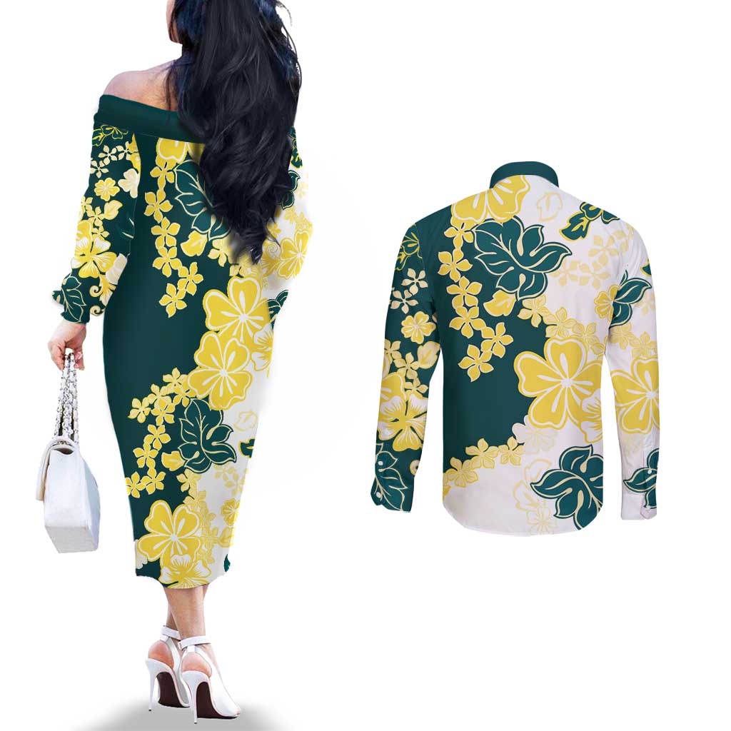 Yelow Teal Hibiscus Plumeria Floral Couples Matching Off The Shoulder Long Sleeve Dress and Long Sleeve Button Shirt - Polynesian Pride