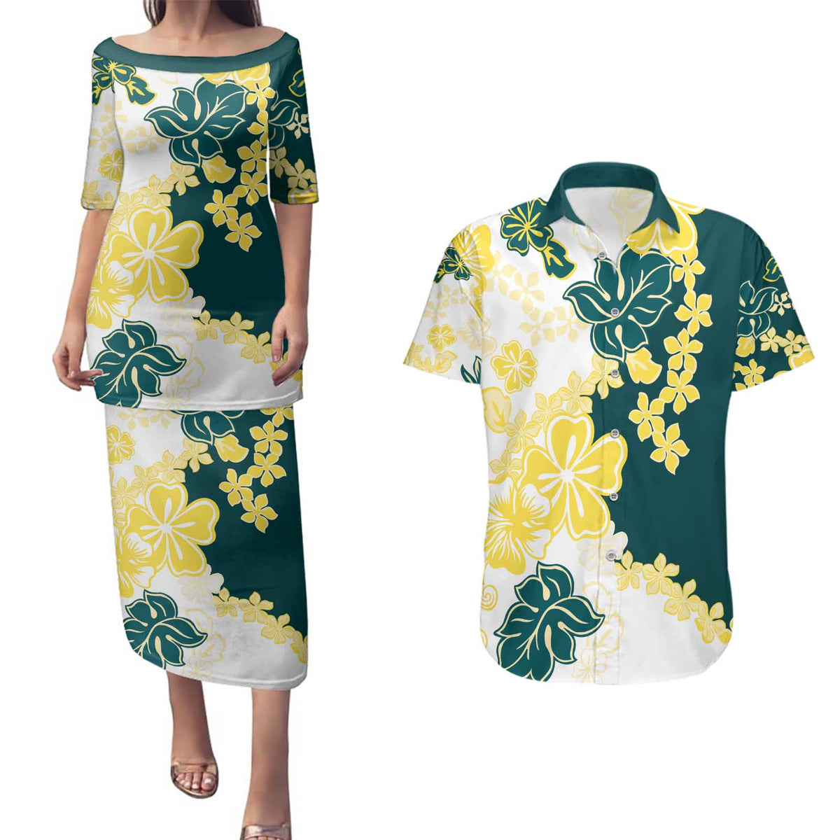 Yelow Teal Hibiscus Plumeria Floral Couples Matching Puletasi and Hawaiian Shirt - Polynesian Pride