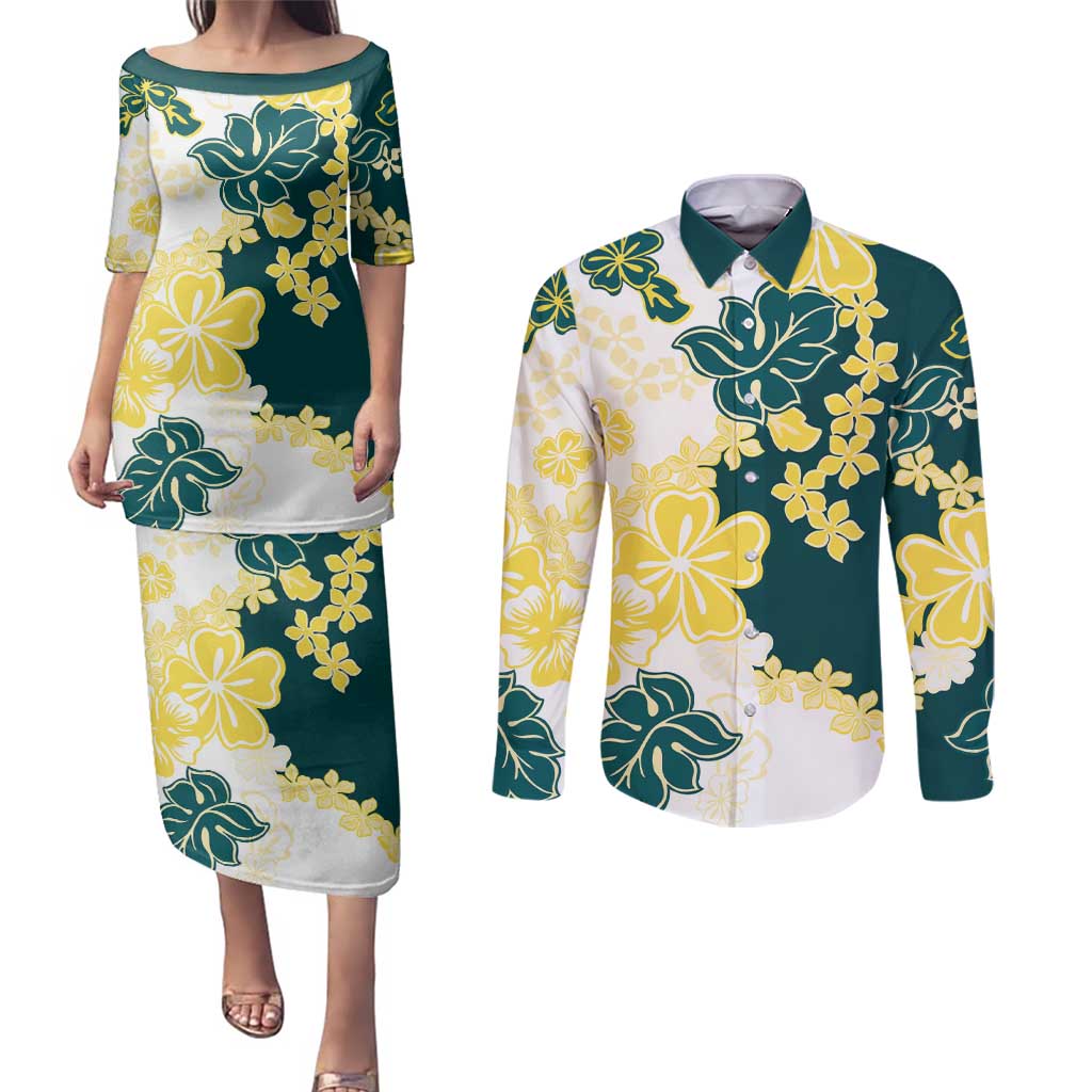 Yelow Teal Hibiscus Plumeria Floral Couples Matching Puletasi and Long Sleeve Button Shirt LT01 Yellow - Polynesian Pride