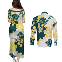 Yelow Teal Hibiscus Plumeria Floral Couples Matching Puletasi and Long Sleeve Button Shirt LT01 - Polynesian Pride
