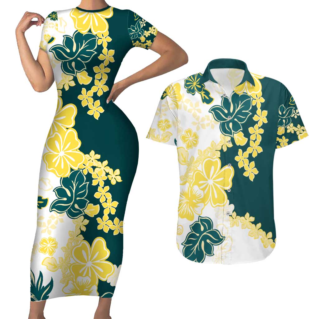 Yelow Teal Hibiscus Plumeria Floral Couples Matching Short Sleeve Bodycon Dress and Hawaiian Shirt - Polynesian Pride