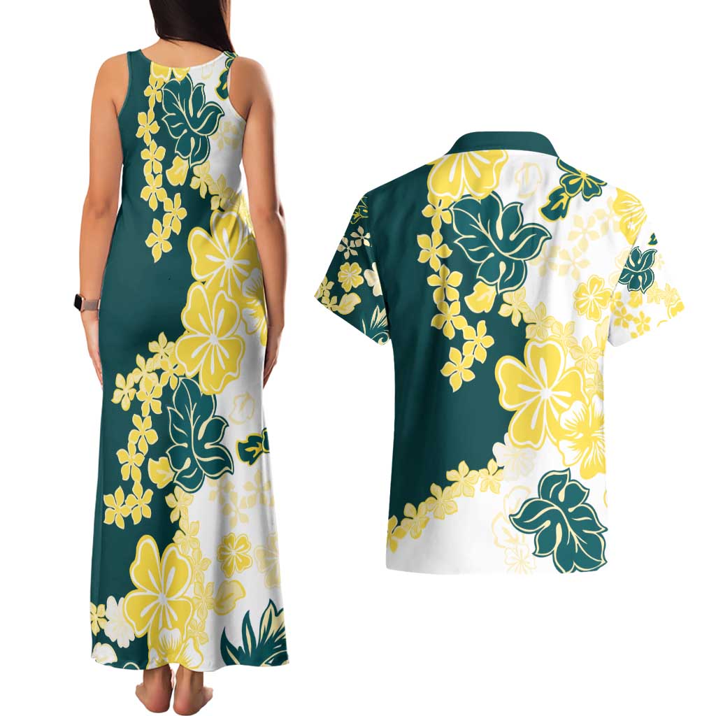 Yelow Teal Hibiscus Plumeria Floral Couples Matching Tank Maxi Dress and Hawaiian Shirt - Polynesian Pride