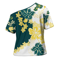 Yelow Teal Hibiscus Plumeria Floral Cross Shoulder Shirt LT01 - Polynesian Pride