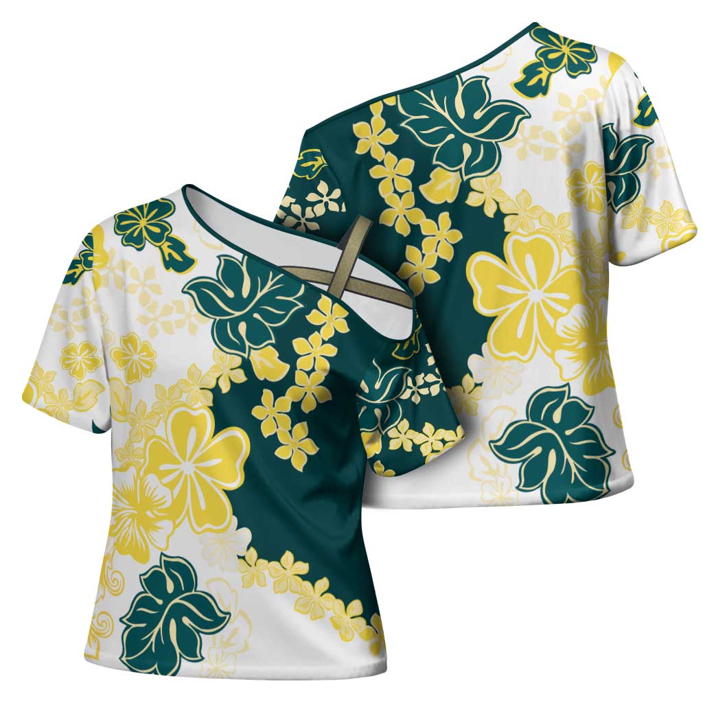 Yelow Teal Hibiscus Plumeria Floral Cross Shoulder Shirt LT01 - Polynesian Pride