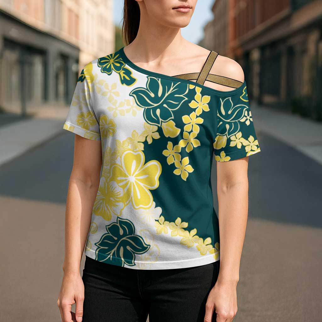 Yelow Teal Hibiscus Plumeria Floral Cross Shoulder Shirt LT01 - Polynesian Pride