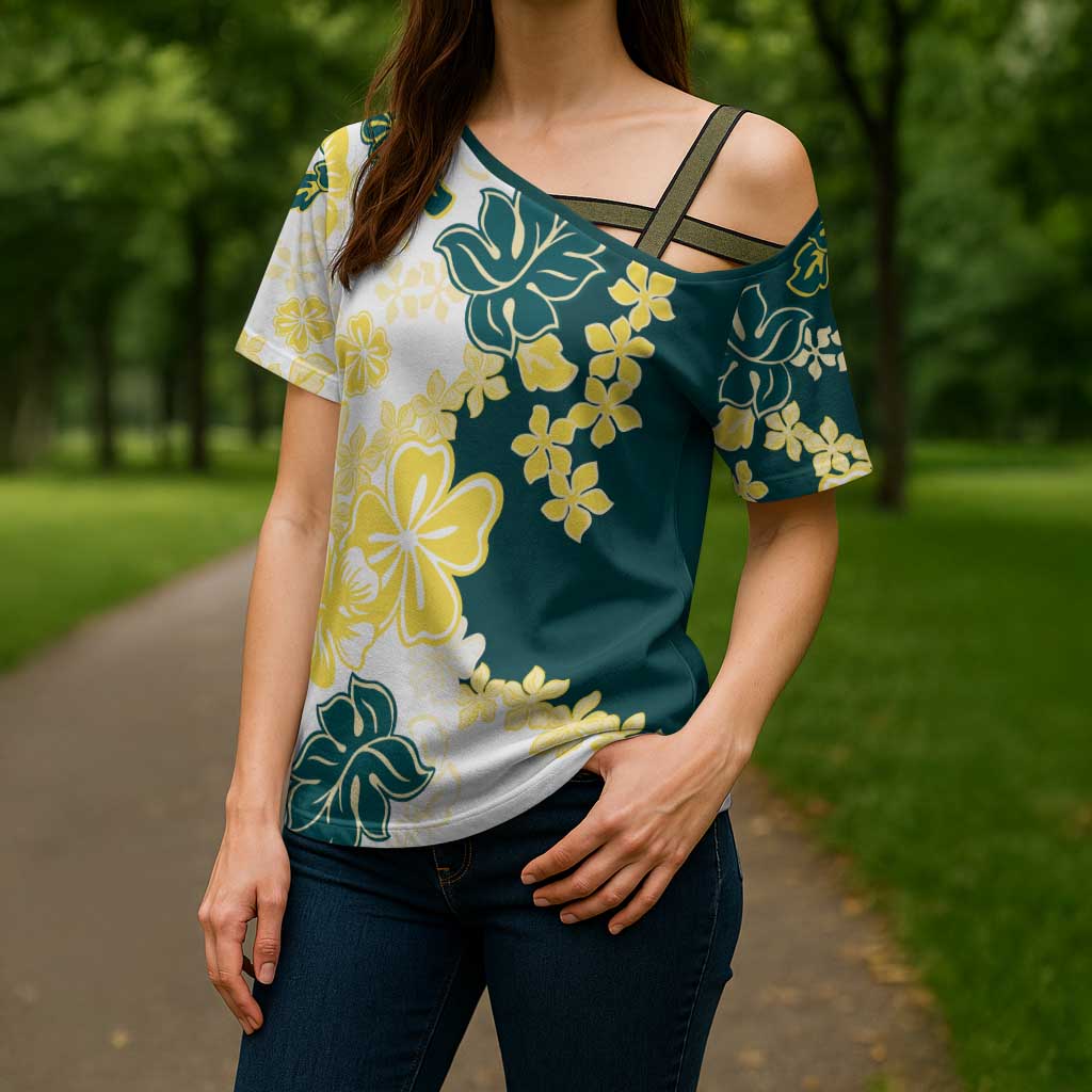 Yelow Teal Hibiscus Plumeria Floral Cross Shoulder Shirt LT01 - Polynesian Pride