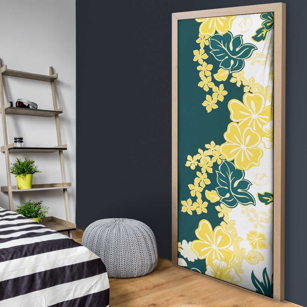 Yelow Teal Hibiscus Plumeria Floral Door Cover - Polynesian Pride