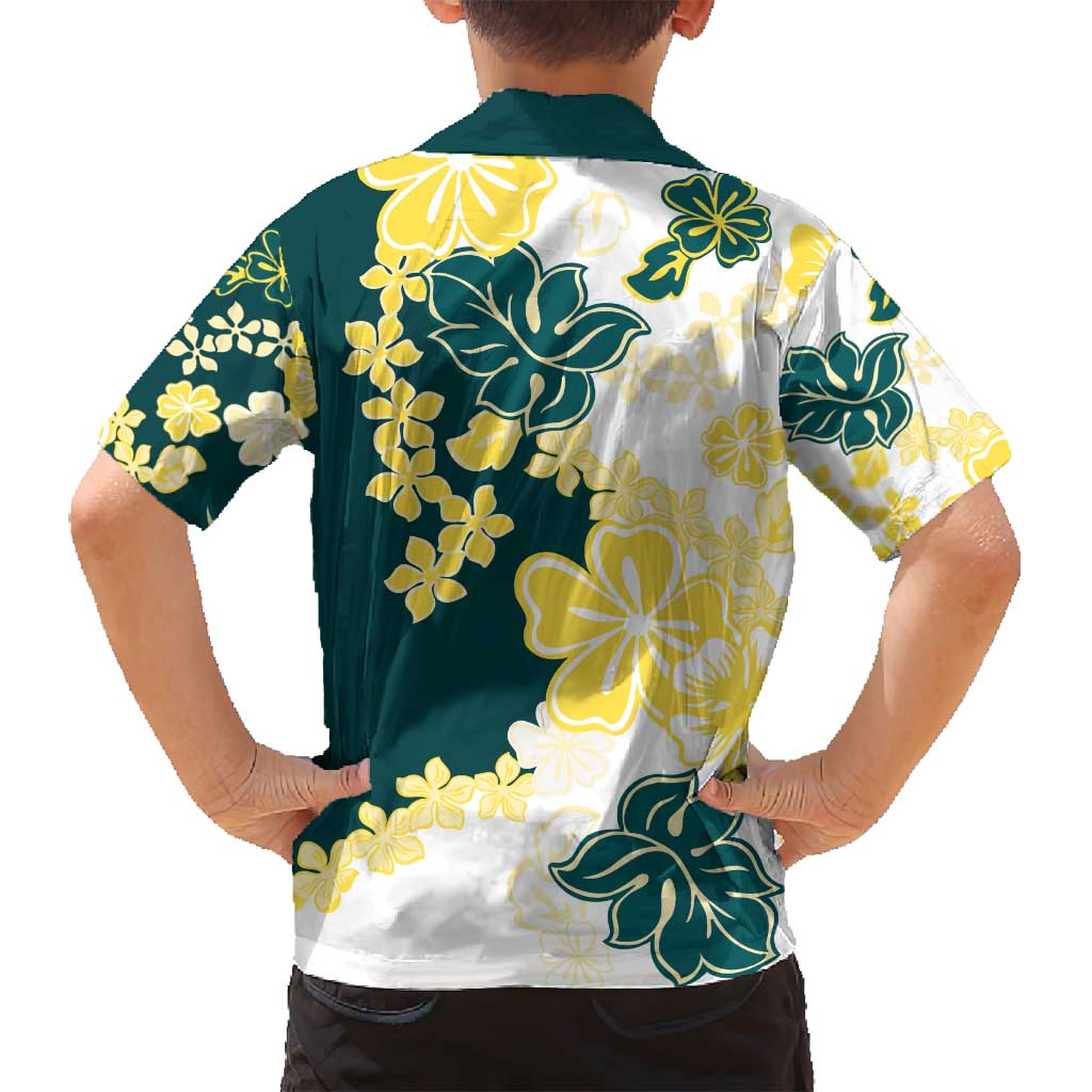 Yelow Teal Hibiscus Plumeria Floral Family Matching Long Sleeve Bodycon Dress and Hawaiian Shirt - Polynesian Pride
