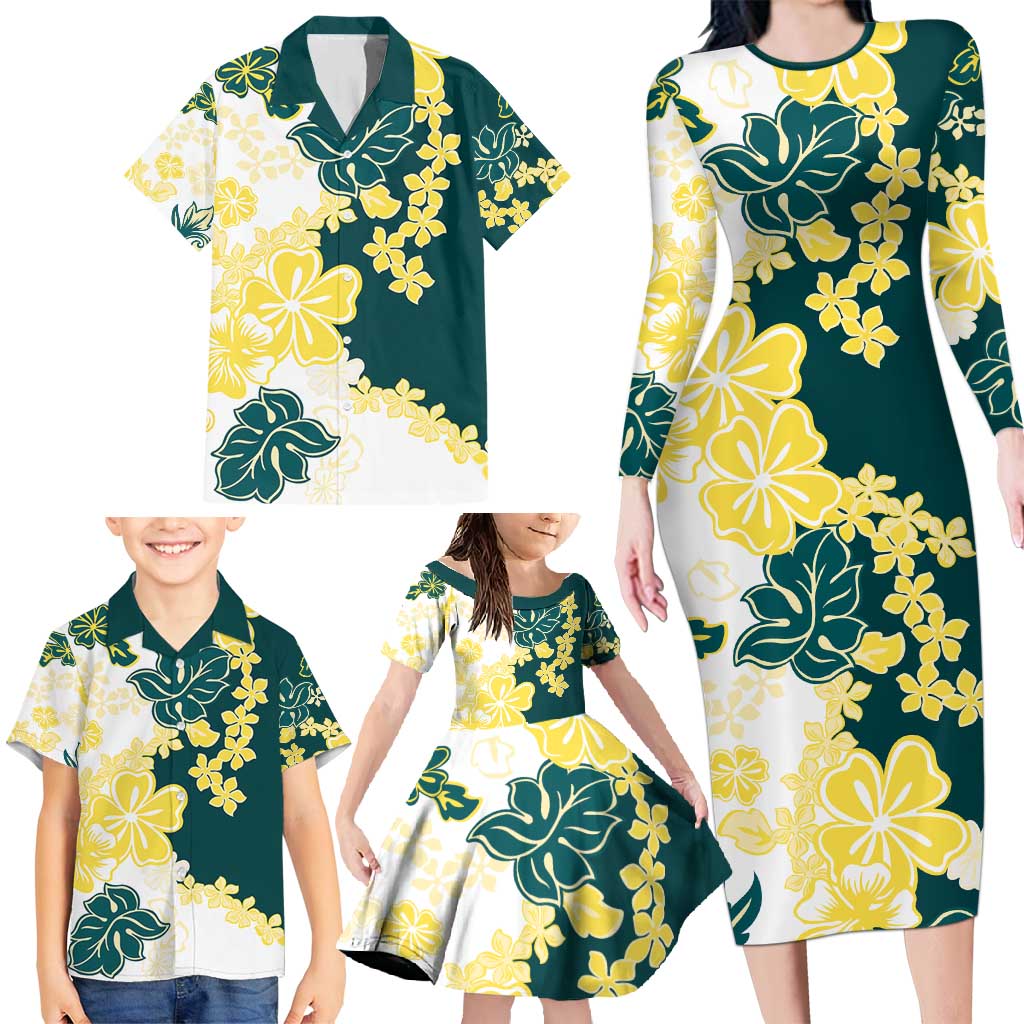 Yelow Teal Hibiscus Plumeria Floral Family Matching Long Sleeve Bodycon Dress and Hawaiian Shirt - Polynesian Pride