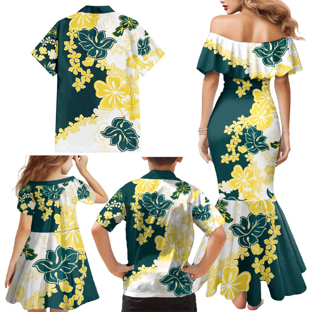 Yelow Teal Hibiscus Plumeria Floral Family Matching Mermaid Dress and Hawaiian Shirt - Polynesian Pride