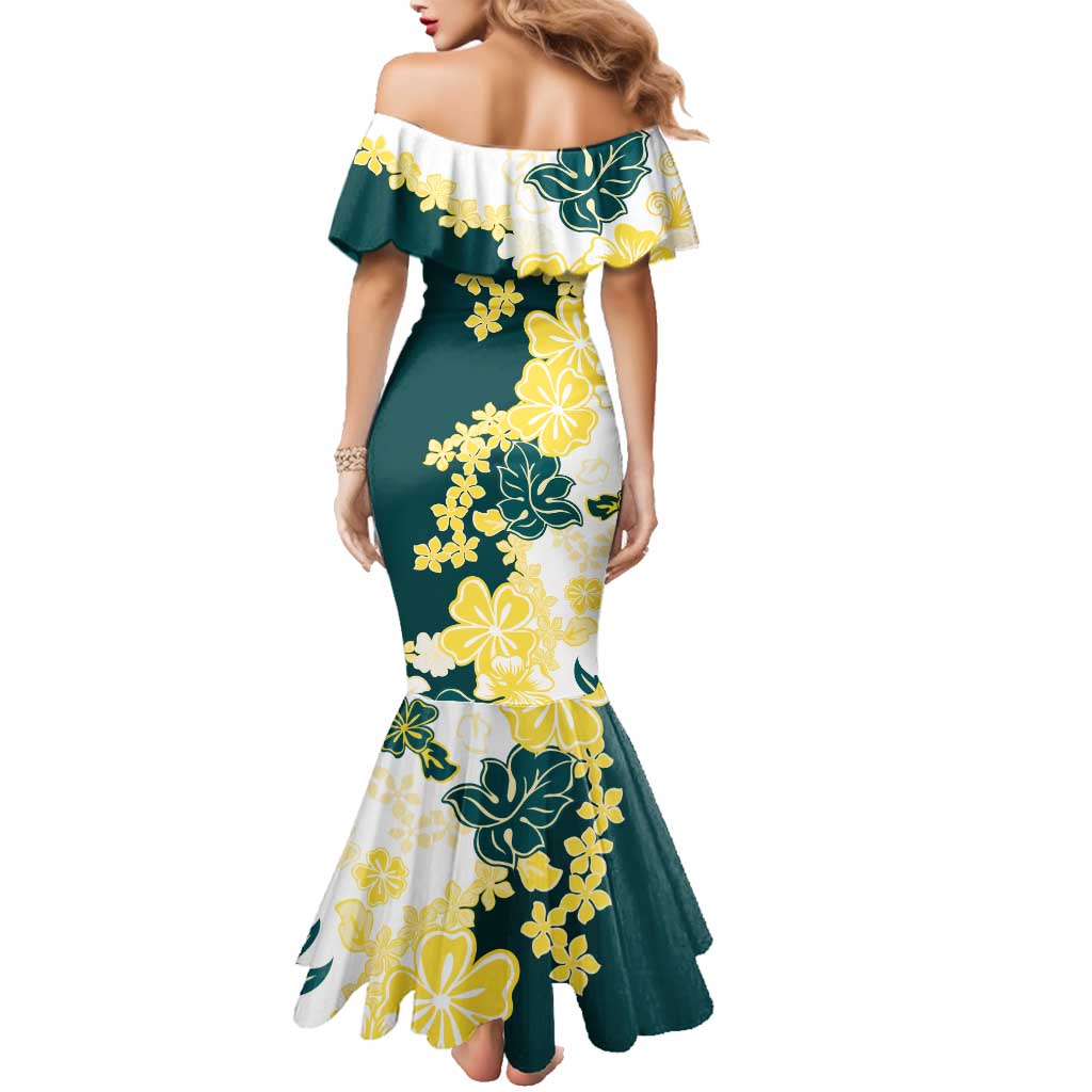 Yelow Teal Hibiscus Plumeria Floral Family Matching Mermaid Dress and Hawaiian Shirt - Polynesian Pride