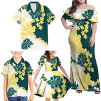 Yelow Teal Hibiscus Plumeria Floral Family Matching Off Shoulder Maxi Dress and Hawaiian Shirt - Polynesian Pride