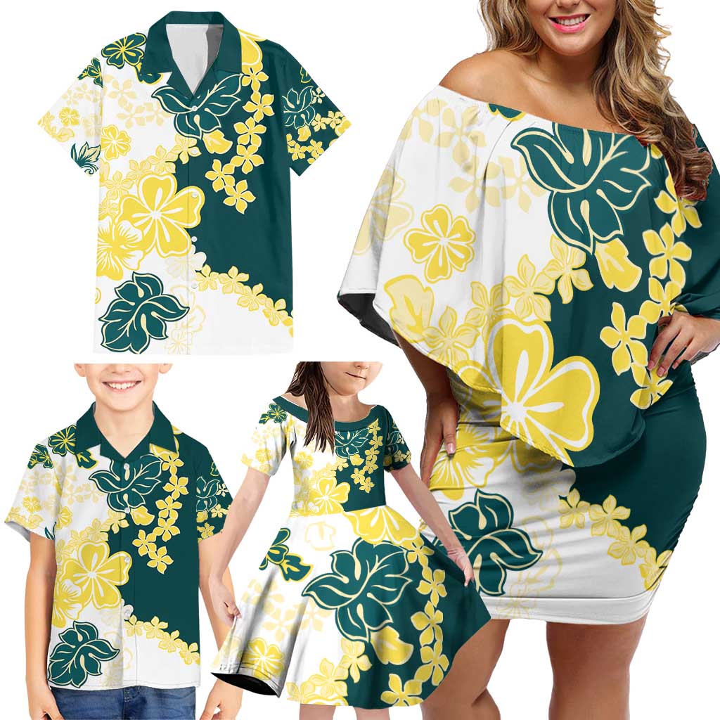 Yelow Teal Hibiscus Plumeria Floral Family Matching Off Shoulder Short Dress and Hawaiian Shirt - Polynesian Pride