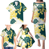 Yelow Teal Hibiscus Plumeria Floral Family Matching Puletasi and Hawaiian Shirt - Polynesian Pride