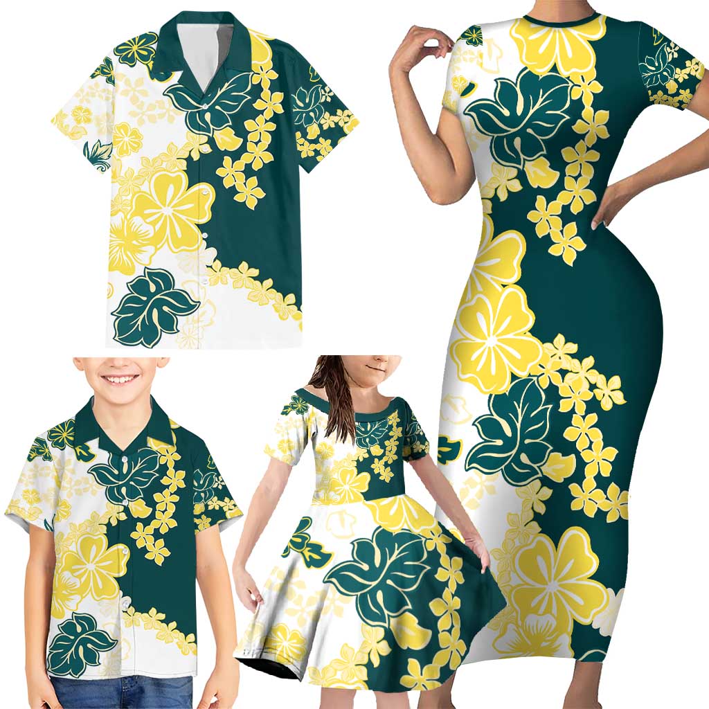 Yelow Teal Hibiscus Plumeria Floral Family Matching Short Sleeve Bodycon Dress and Hawaiian Shirt - Polynesian Pride