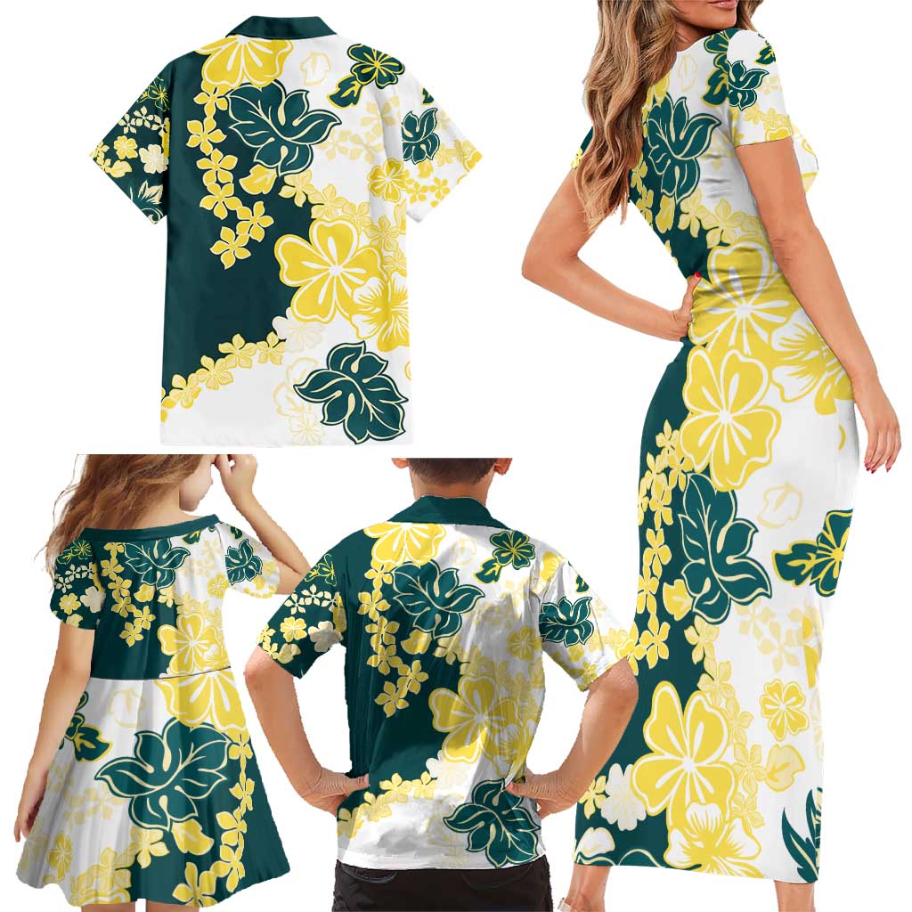 Yelow Teal Hibiscus Plumeria Floral Family Matching Short Sleeve Bodycon Dress and Hawaiian Shirt - Polynesian Pride