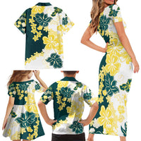 Yelow Teal Hibiscus Plumeria Floral Family Matching Short Sleeve Bodycon Dress and Hawaiian Shirt - Polynesian Pride