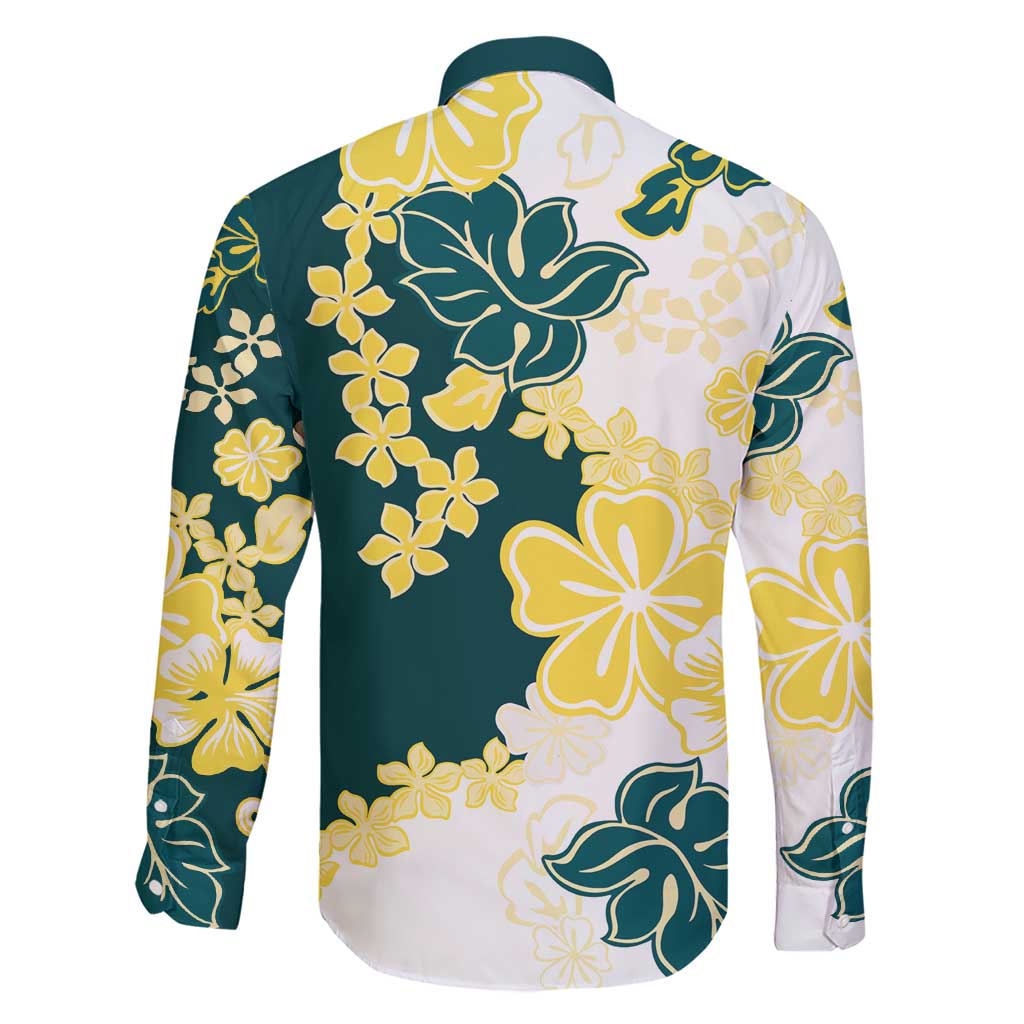 Yelow Teal Hibiscus Plumeria Floral Family Matching Short Sleeve Bodycon Dress and Hawaiian Shirt - Polynesian Pride