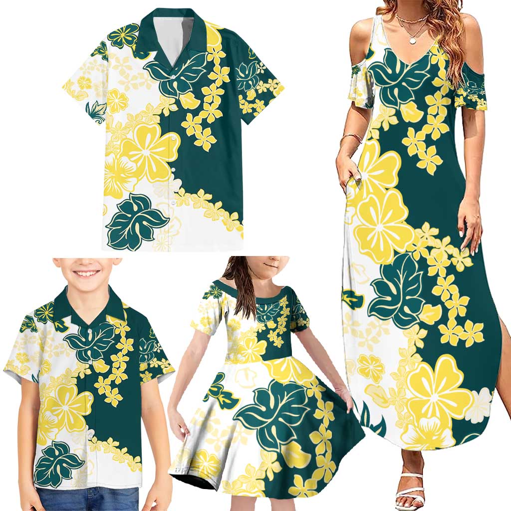 Yelow Teal Hibiscus Plumeria Floral Family Matching Summer Maxi Dress and Hawaiian Shirt - Polynesian Pride