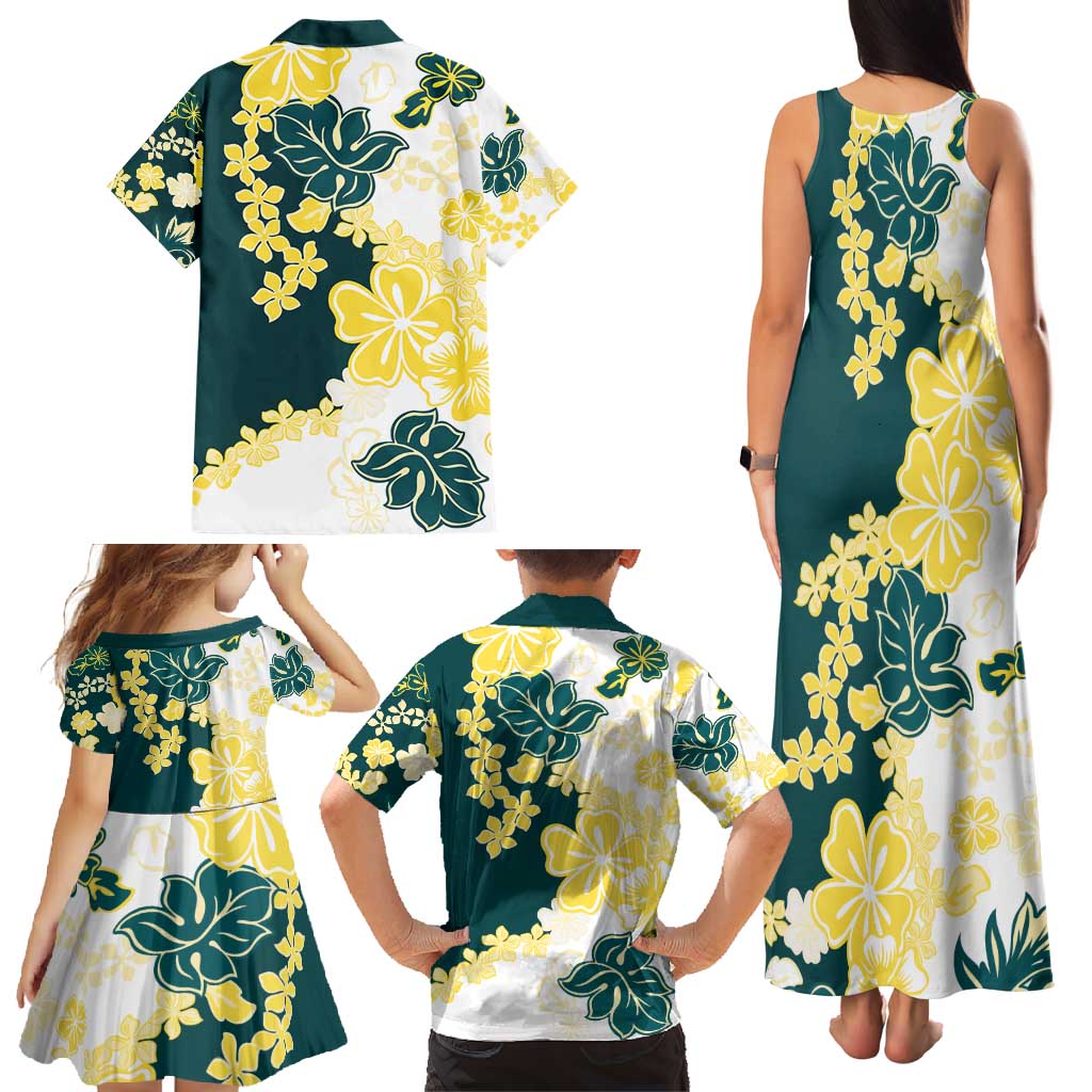 Yelow Teal Hibiscus Plumeria Floral Family Matching Tank Maxi Dress and Hawaiian Shirt - Polynesian Pride