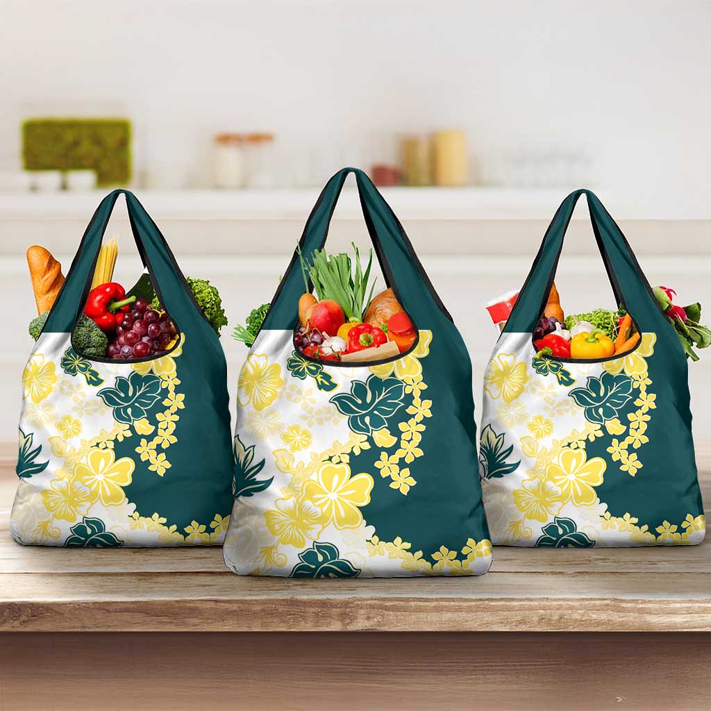 Yelow Teal Hibiscus Plumeria Floral Grocery Bag LT01 3-pack One Size Yellow - Polynesian Pride