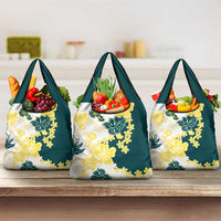 Yelow Teal Hibiscus Plumeria Floral Grocery Bag LT01 3-pack One Size Yellow - Polynesian Pride