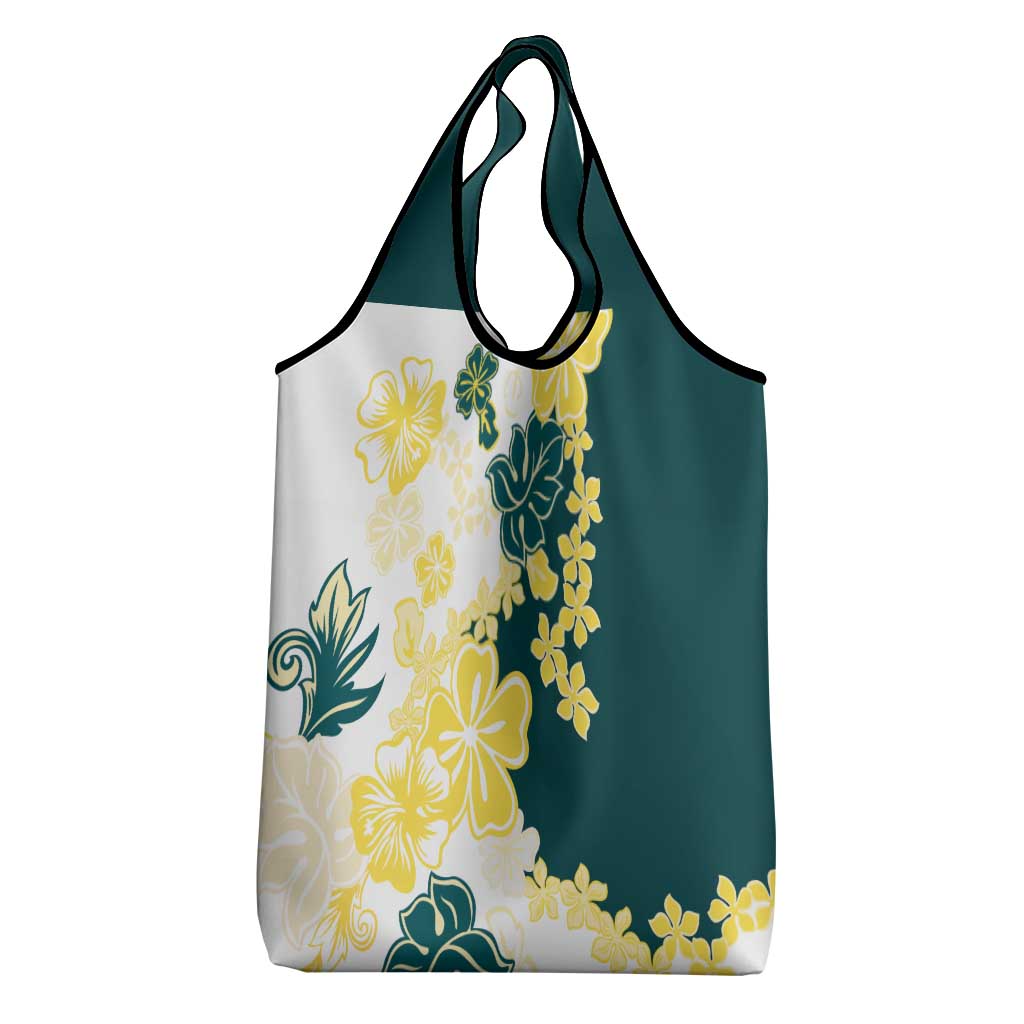 Yelow Teal Hibiscus Plumeria Floral Grocery Bag LT01 - Polynesian Pride