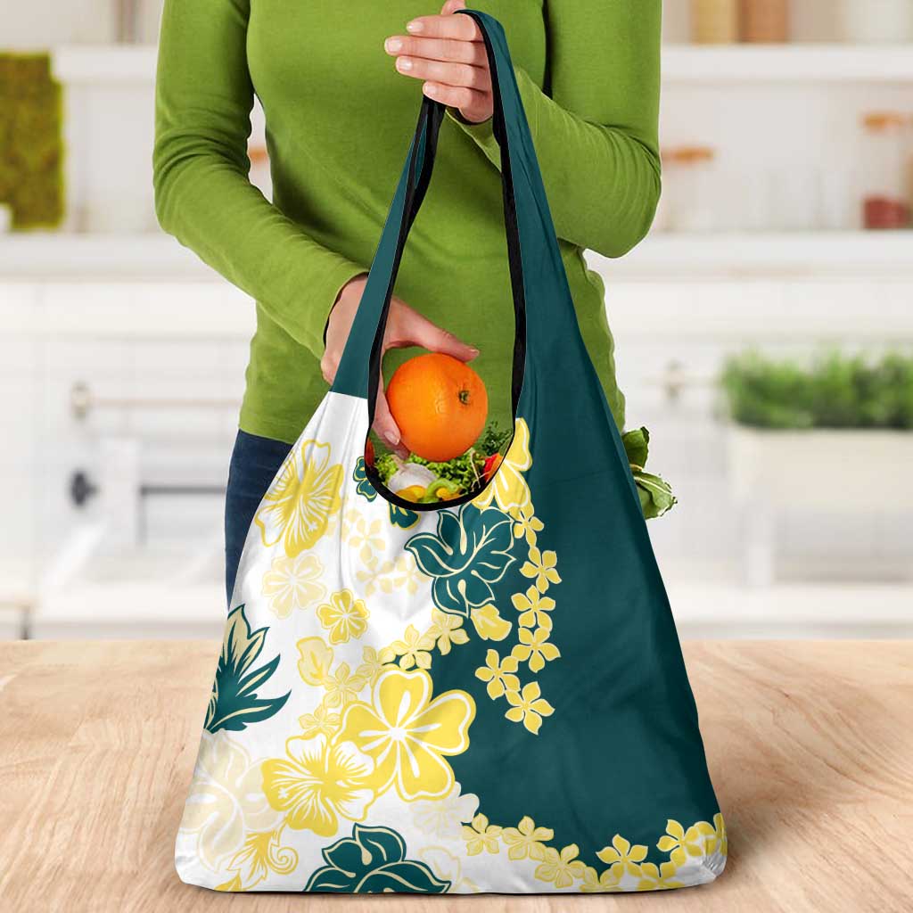Yelow Teal Hibiscus Plumeria Floral Grocery Bag LT01 - Polynesian Pride