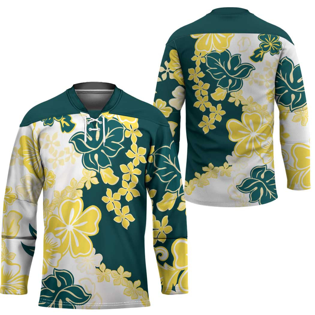 Yelow Teal Hibiscus Plumeria Floral Hockey Jersey - Polynesian Pride