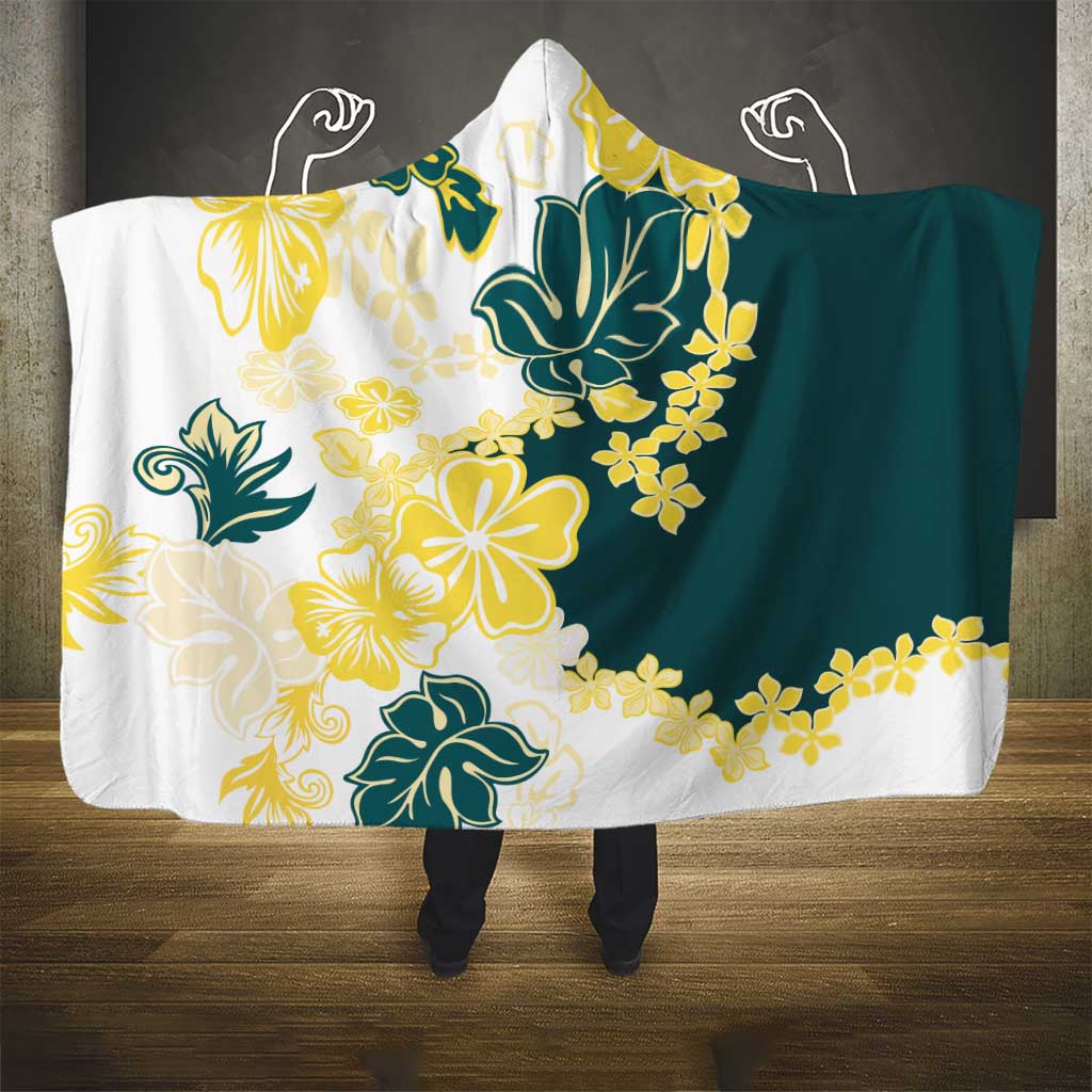 Yelow Teal Hibiscus Plumeria Floral Hooded Blanket - Polynesian Pride