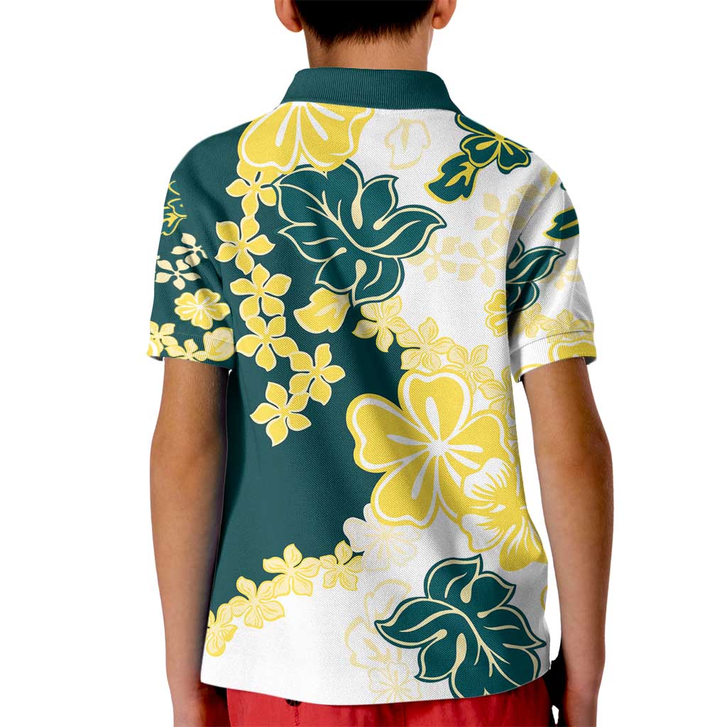Yelow Teal Hibiscus Plumeria Floral Kid Polo Shirt - Polynesian Pride
