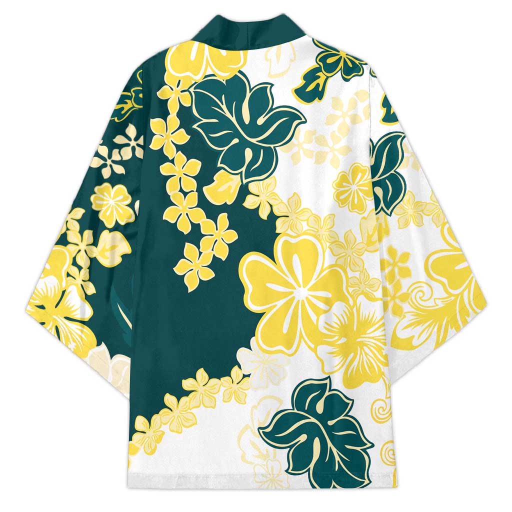 Yelow Teal Hibiscus Plumeria Floral Kimono - Polynesian Pride