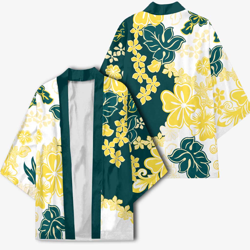 Yelow Teal Hibiscus Plumeria Floral Kimono - Polynesian Pride