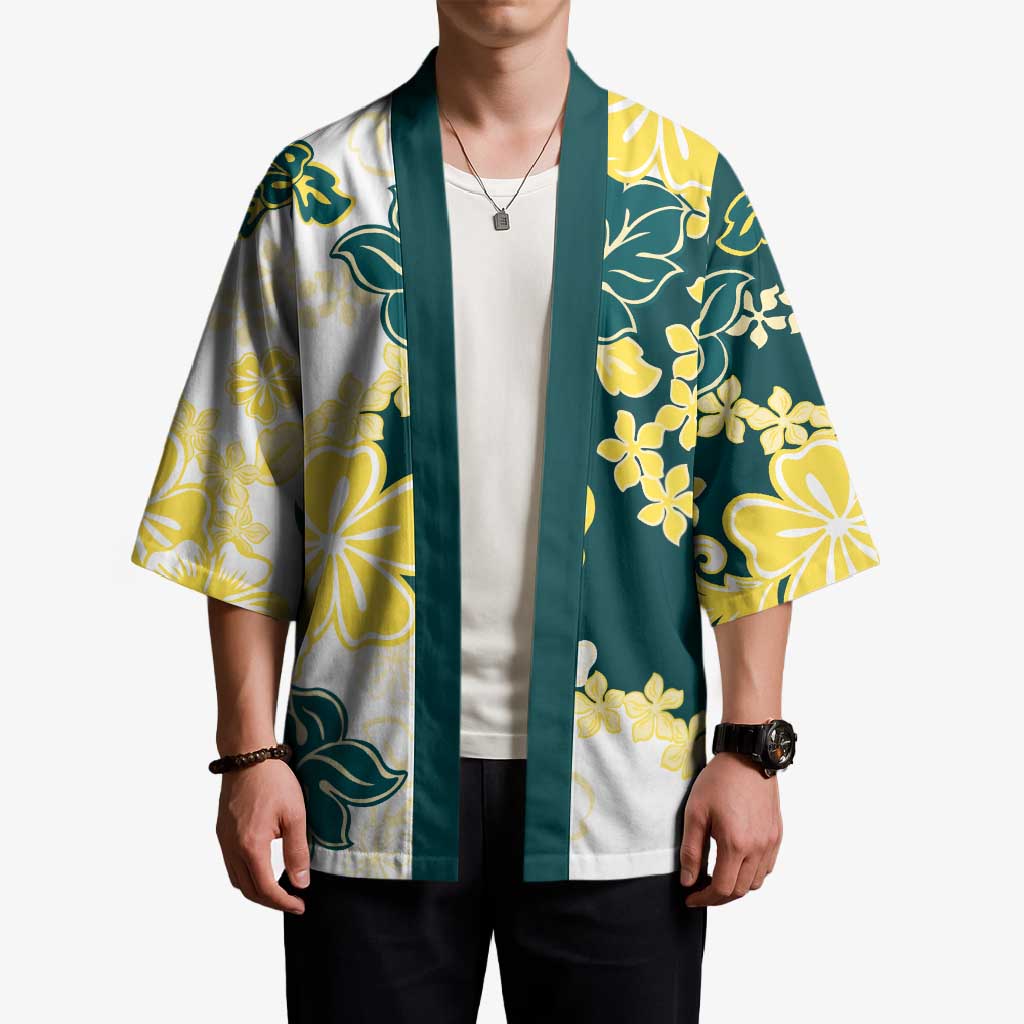 Yelow Teal Hibiscus Plumeria Floral Kimono - Polynesian Pride