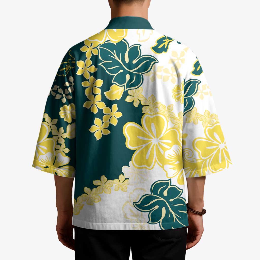 Yelow Teal Hibiscus Plumeria Floral Kimono - Polynesian Pride