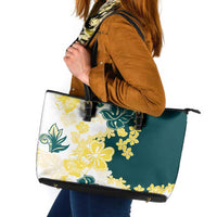 Yelow Teal Hibiscus Plumeria Floral Leather Tote Bag - Polynesian Pride