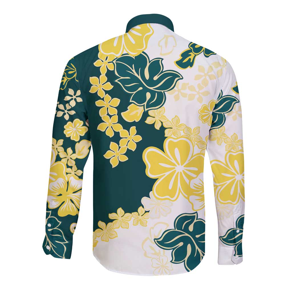 Yelow Teal Hibiscus Plumeria Floral Long Sleeve Button Shirt LT01 - Polynesian Pride